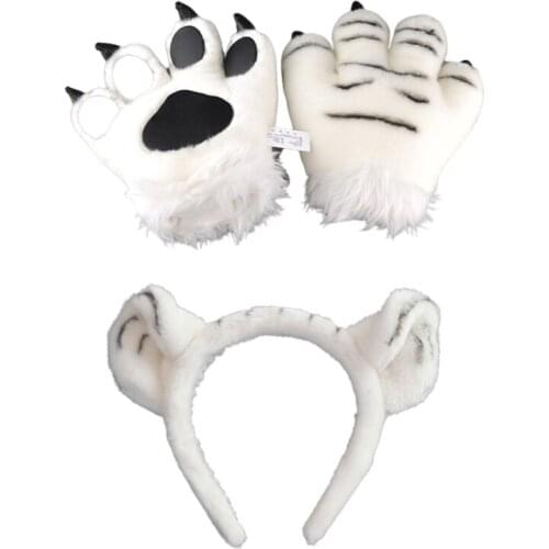 Adult Kids Plush Tiger Cosplay Costume Set Cute Ears Headband 3D Animal Paw Fluffy Gloves Stuffed Toys Party Supplies