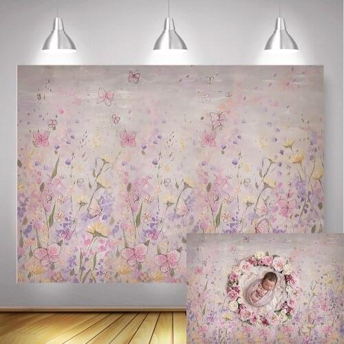 Newborn Oil Painting Themed Portrait Backdrop Photography Butterfly Flowers Birthday Art Pink Background for Photo Stuido