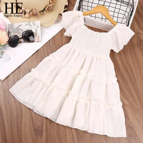 HE Hello Enjoy Summer Girls Solid Color Dress 2021Sweet Sleeveless Print Princess Party Dress Fashion Baby Kids Girls Clothing