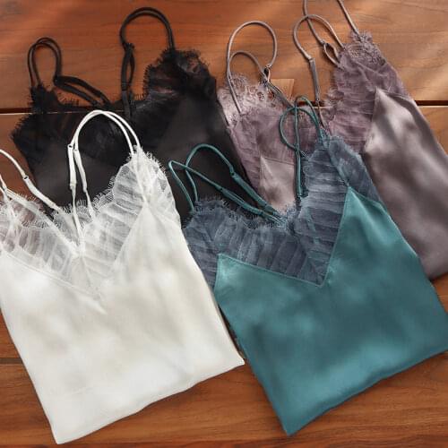 Eyelash lace sexy back silk lady small sling high luxury gloss mulberry silk bottom vest sexy silk Camisole