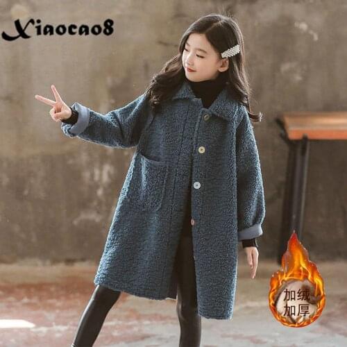 Autumn Winter Teen Girls Warm Coat with Fleece Blue White Turn-donw Collar Thick Jacket for Girls Outwear Clothes 8 12 14