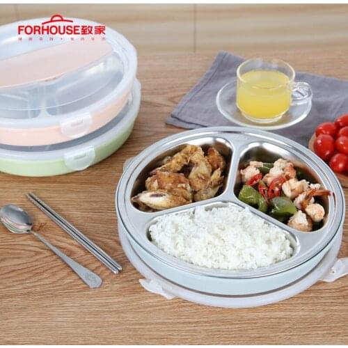 Stainless Steel Lunch Box 3 grid Food Storage Container Bento With Spoon and Chopsticks Round Lunch box Dinnerware