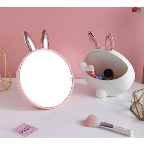 Girl Heart Rabbit Office Desktop Small Desktop Round Makeup Mirror with Cosmetics Storage Box