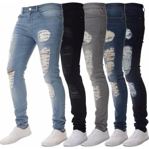 2021 New Denim Mens Jeans Tight-fitting Solid Black Dark Light Blue Color Hollow Pants