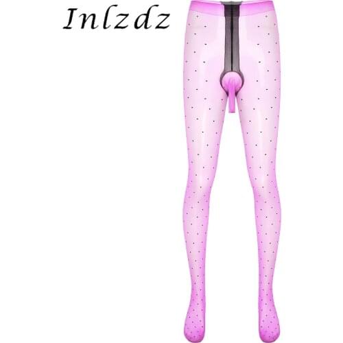 Mens Lingerie See-through Stockings Dot Pattern Bulge Pouch Erotic Sex Pantyhose Glossy Tights Stretchy Thin Leggings Underwear