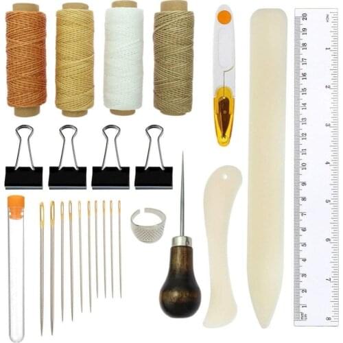 25pcs Leather Craft Bookbinding Kit Starter Tools Set Bone Folder Paper Creaser, Waxed Thread, Awl, Large-eye Needles DIY