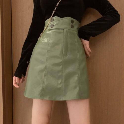 Autumn Winter Ladies Short PU Sexy Elegant High-Waist Hip-Wrapped A-Line Leather Mini Skirt Faldas Mujer Moda 2021 A204