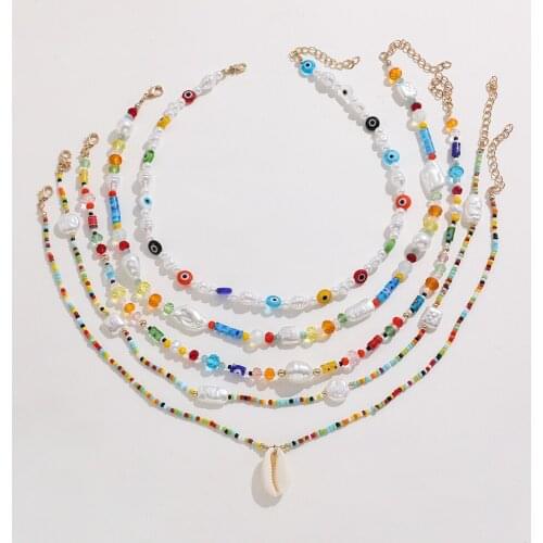 Bohemia Colorful Beads Shell Pendant Choker Necklace for Women New Trendy Irregular Imitation Pearl Turkish Eye Necklace Jewelry