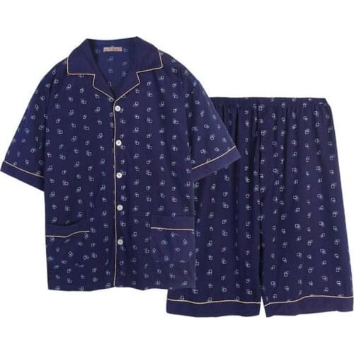 Free Shipping Mens Plus Size Short Sleeve Turn-down Collar Sleepwear Set Soft 100% Cotton Pajamas Nightgown Summer Homewear 5XL