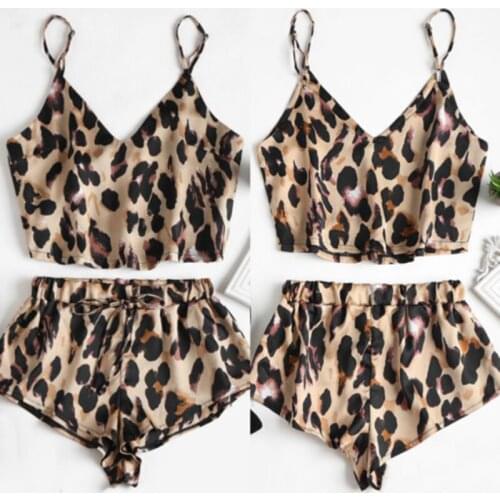 New 2pcs Women Sexy Spaghetti Strap Tank Shorts Leopard Print Lace Sleepwear Babydoll Nightwear Pajamas Set