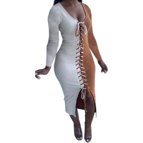 Sexy Lace Tight Dress African Casual Clothing Womens Long Skirt Color Matching Wrap Dress Autumn Long-Sleeved European Clothing