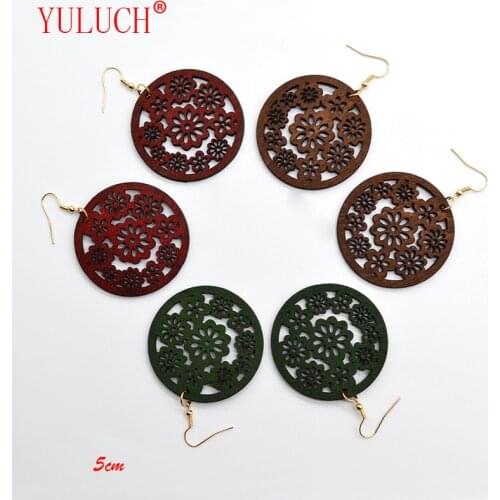 YULUCH Personality Freshness Temperament China New Design Handmade Two Sizes Round Hollow Flowers Wooden Earrings Jewelry Gifts