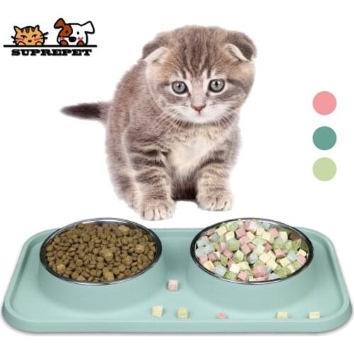 SUPREPET Double Cat Feeder Non-Slip Cat Bowl Stainless Steel Pet Kitten Water Feeding Bowls with Stand Cats Products for Pets