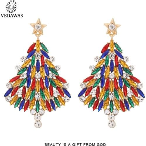 Vedaswas Christmas Tree Drop Earrings for Women Trendy Crystal Shiny Colorful Festival Earrings Jewelry Party Gifts Wholesale