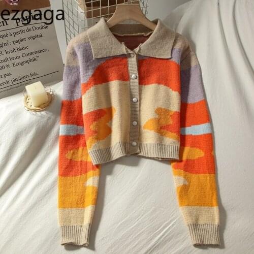 Ezgaga Knitted Cardigan Women Sunset Oil Painting Turn-down Collar Long Sleeve Cropped Sweater Loose Button Student Fashion