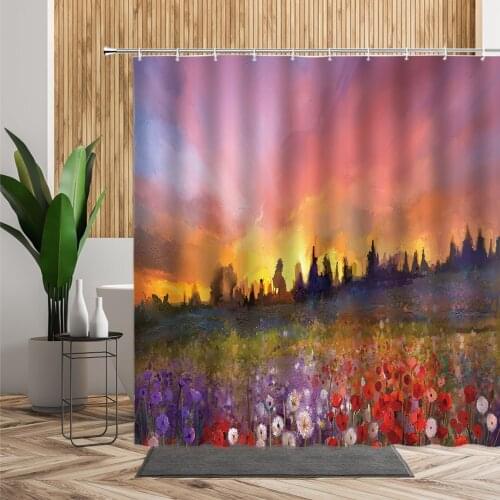 Sunset Landscape Bath Shower Curtain Set Flowers Pine Forest Home Decorate Oil Painting Scenery Printed Bathroom Decors Curtains