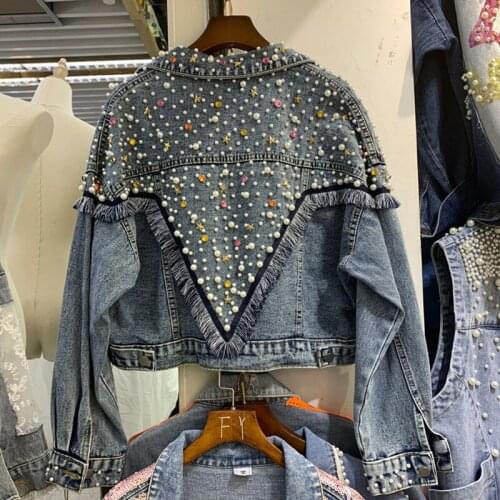 Women Sprig And Autumn Beaded fringe edge lapel short denim jacket fashion high waist cardigan jacket Y744