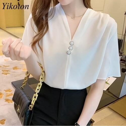 Womans Shirt Summer Ladies Blouse And Tops Buttons 2021 New Sexy V-Neck Fashion Butterfly Sleeve White Shirts Camisa mujer Top