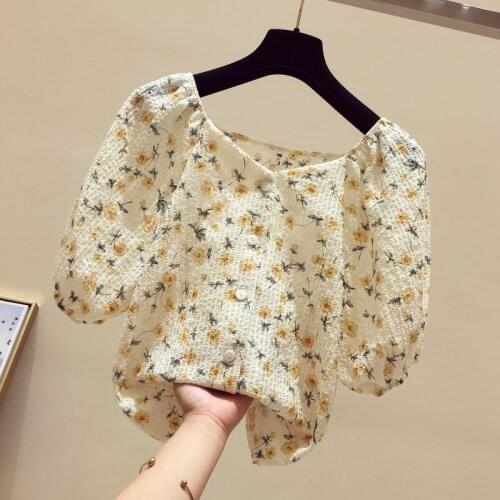 Slash Neck Printed Floral Chiffon Women Shirts Summer New 2021 Sweet Style Puff Sleeved Loose Elegant Office Lady Outwear Tops