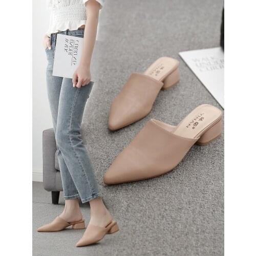Women Beige Pointed Shoes New Middle School Sandals 2021 Half Slippers Sandals Outside Soft Genuine Leather Half Order Shoes