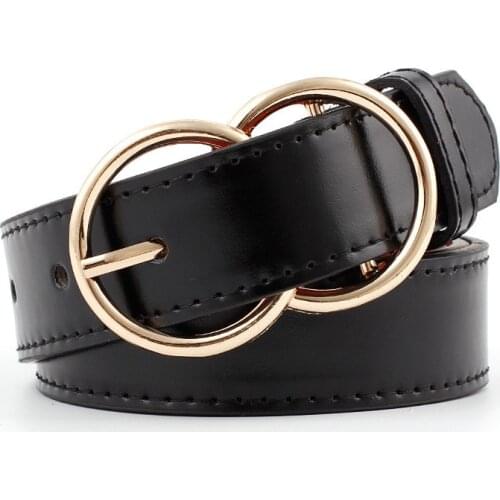 Female Gold Round Pin Buckle Wide Jean Waist Belt New Pattern Casual Eyelets PU Leather Belt For Women Double Loop Pin Buckle