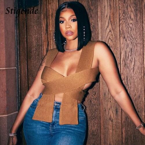 Stigende Sexy Bandage Knit Sweater Tank Top Women Casual Knitting Sleeveless T Shirt Female Elastic Criss Cross Cropped Camisole