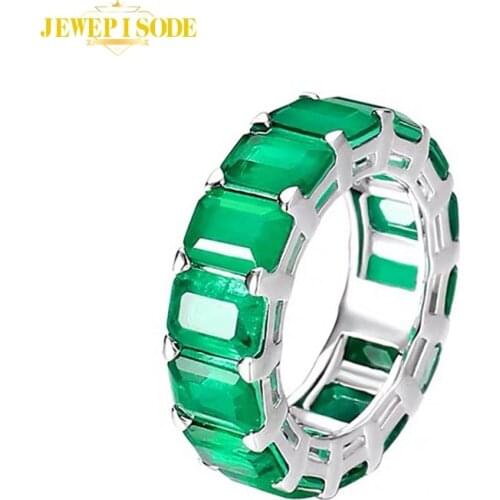 Jewepisode Vintage Real 925 Sterling Silver Emerald Rings for Women Anniversary Cocktail Full Gemstone Circle Ring Wholesale
