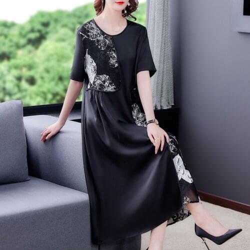 Summer Loose Patchwork Black Mulberry Silk Midi Dress 2021 Vintage Print 5XL Plus Size Dress Women Elegant Bodycon Party Vestido