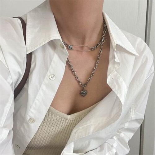2021 Punk Vintage Love Pin Clavicle Chain Necklace for Women Love Heart Metal Pendant Necklace Female New Necklace Jewelry Gifts