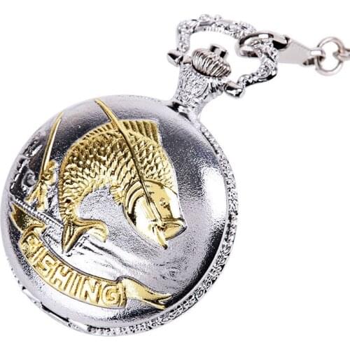 50pcs/lot Silver and Gold Fish Retro Quartz Pocket Watch with Chain Fob Watches Wholesale