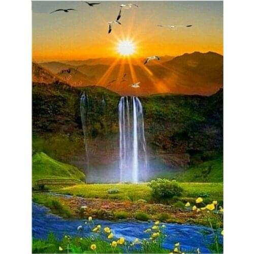 5D DIY full square diamond painting sunset waterfall natural view diamond rhinestone embroidery cross stitch full display mosaic