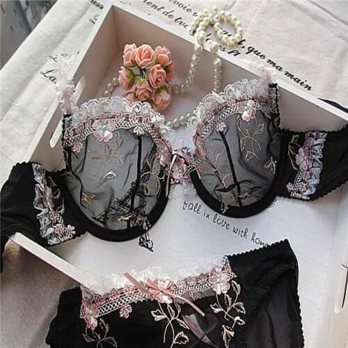 Sensual Woman Underwear Lingerie Set Cute Transparent Lace Push up Bra Underpants Bra for Women Ultra-thin Steel Ring Brassiere