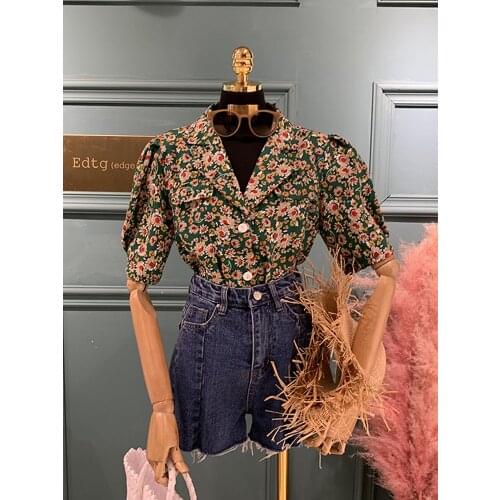 EDTG short Hong Kong style shirt female Polo collar floral shirt female retro half sleeve blouse temperament cardigan female