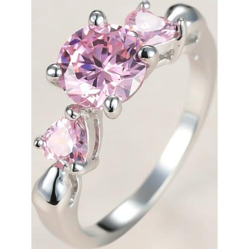 Classic Female Pink Round Crystal Ring Charm Silver Color Wedding Rings For Women Dainty Bride Love Heart Zircon Engagement Ring