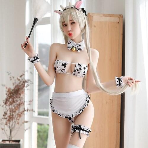 Cow Cosplay Maid Costume Anime Girls Roleplay Lolita Clothing Bikini Swimsuit Swimwear Bra Stockings Panty Set Cute Lingerie