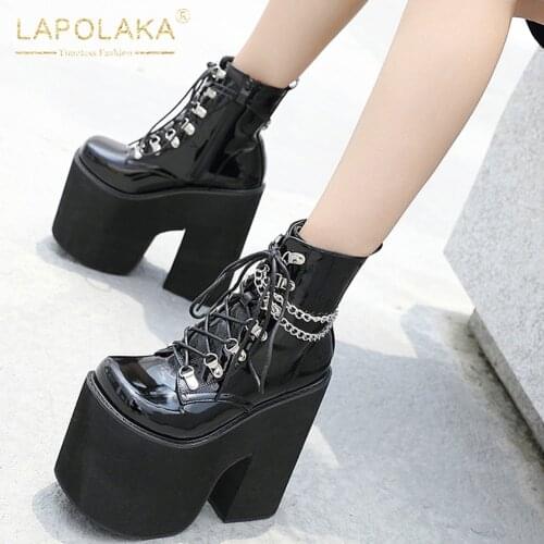 Lapolaka 2020 Fashion New Thick High Heels Ankle Boots Women Shoes Zip Up Chain Platform Fetish Transgender Boots Shoes