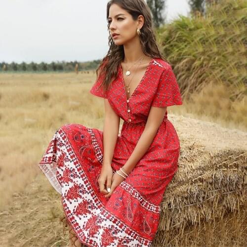 Summer Women Dress Casual Elastic Waist A-Line V-Neck Boho Beach Red Dresses Short Sleeve Ladies Autumn Loose Print Long Dress