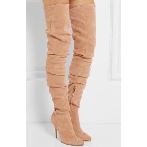 Hot Selling Beige Grey Suede Leather Over The Knee Boots Pointed High Heel Side Zipper Tight High Boots Women Long Boots