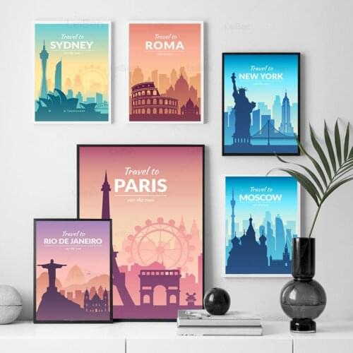Cartoon Travel Poster Moscow Dubai Berlin Picture Famous City Landscape Canvas Painting Print for Modern Home Cuadros Decoration