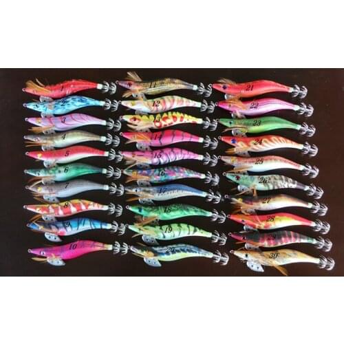 30Pcs Shrimp Fishing Lure Set Prawn 2.5# 3.5# Squid Bait 11G 21G Hard Lure Noctilucent with Squid Jigs Hook