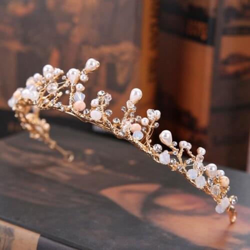 Luxury Rhinestone Bridal Jewelry Sets gold pearl Crystal Crown Tiaras Statement hairband Earrings Set For Bride Hair Accessories