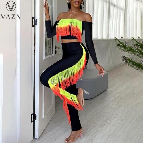 VAZN 2021 New Design Slash Neck Patchwork Full Sport Gym Running Suits High Street Sexy 2 Piece Set Women Top And Pant Summer