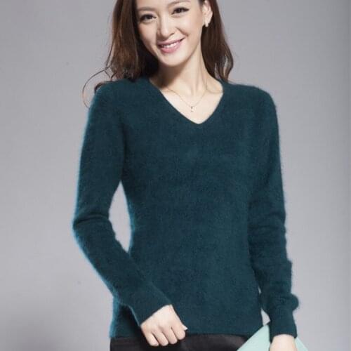 Autumn Winter Womens V-neck 100% Mink Cashmere Sweaters Pullover Soft Warm Cashmere Sweaters Women Knitted Basic Sweater