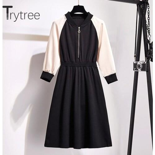 Trytree Autumn Winter Women Dress Casual O-Neck Polyester Patchwork Zippers A-Line Dress Fashion Office Lady Knee-Length Dress