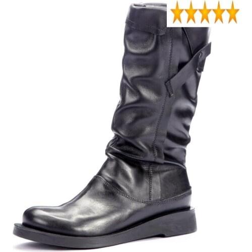 Lining Fashion 2021 Winter Fleece Women Mid Calf Boots Genuine Leather Combat Boot Female Casual Platform Flats Riding Shoes