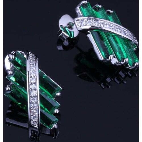 Attractive Rectangle Green Cubic Zirconia White CZ Silver Plated Stud Earrings V0861