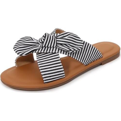 2022 Bow Outdoor Flip Flops Shoes For Woman Beach Sandals Female Summer Flats Striped Slippers Open Toe Size 40-43 Ladies Slides