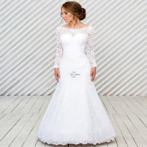 Scoop Neck Long Sleeves Mermaid Wedding-Dresses White Ivory Beautiful Lace Fishtail Bridal Gown Vestido De Noiva