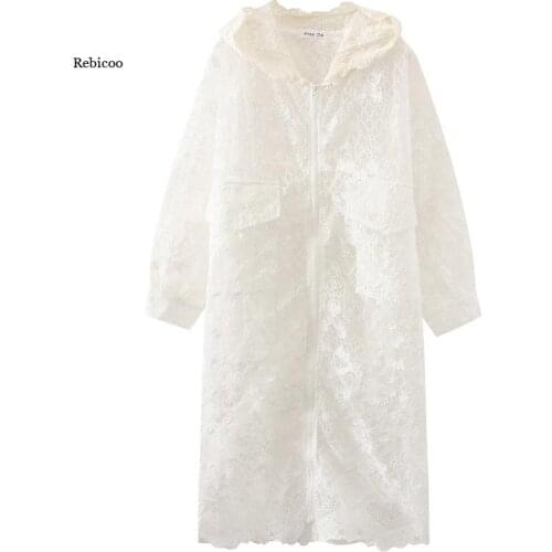 Spring Summer Korean Fashion All-match Blouse Women Thin Lace Hooded Loose Long-sleeve Daisy Sun Protection Clothing Y147