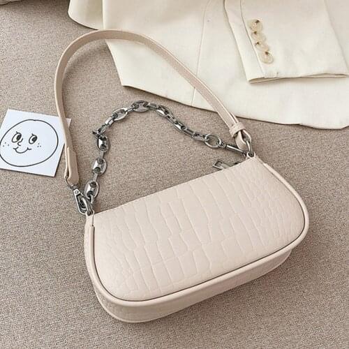 Women Fashion Small Handbag With Chain Underarm Baguette Bag PU Leather Single Shoulder Crocodile Pattern Casual Travel Street